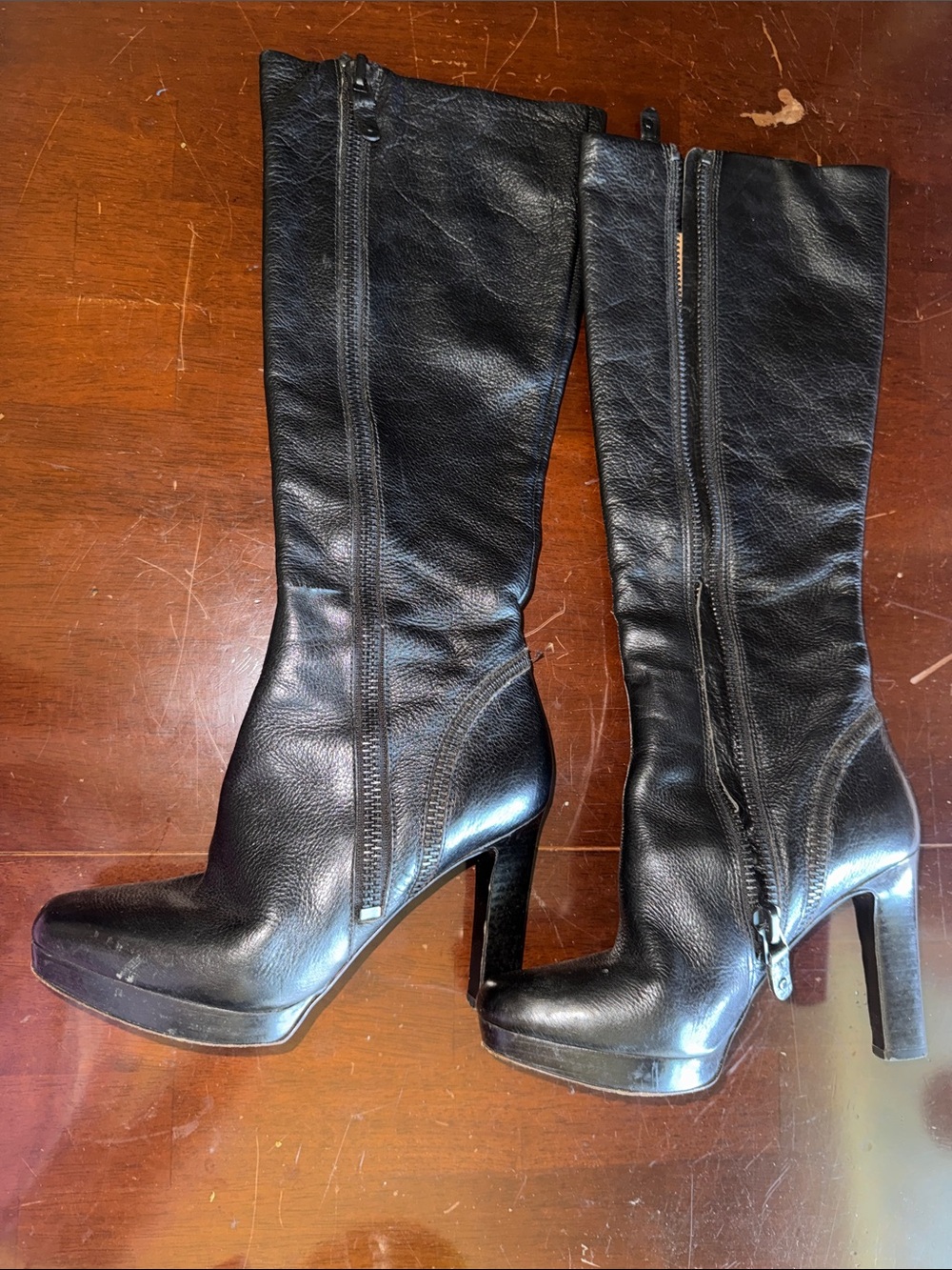 Via Spiga Black Leather High-Heel Knee Boots with Side Zippers